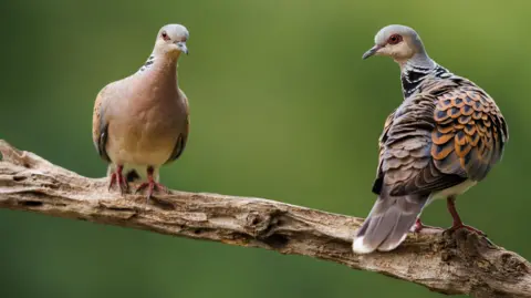 Getty Images Two turtle doves perched on a weathered branch against a soft green background. The birds have patterned wings with shades of brown, black, and gray, and slender bodies with pinkish legs