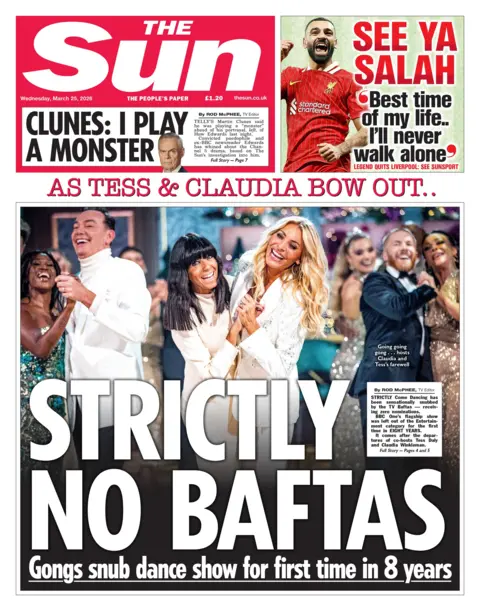 The headline on the front page of the Sun reads: "Strictly No Baftas."