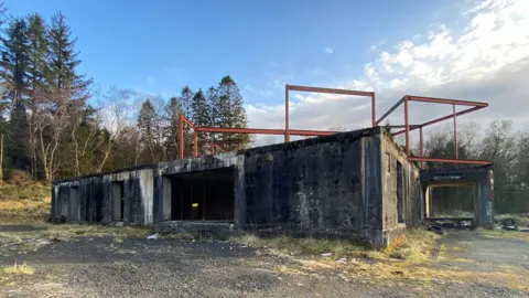 Shepherd Chartered Surveyors A disused anti aircraft room, weathered and damaged. It is in an area surrounded by trees.