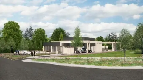 HBBC Image shows an artist's impression of what the crematorium would have looked like. There is green grass and tress surrounding the building which has white pillars in its design, with a black flat roof. There are people dressed in black walking around and cars parked in the car park. There is also a hearse at the front of the building. 