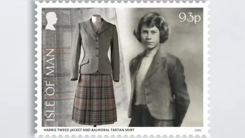 A stamp featuring a Harris Tweed Jacket and Balmoral Tartan Skirt alongside a black and white image on Her Majesty wearing them