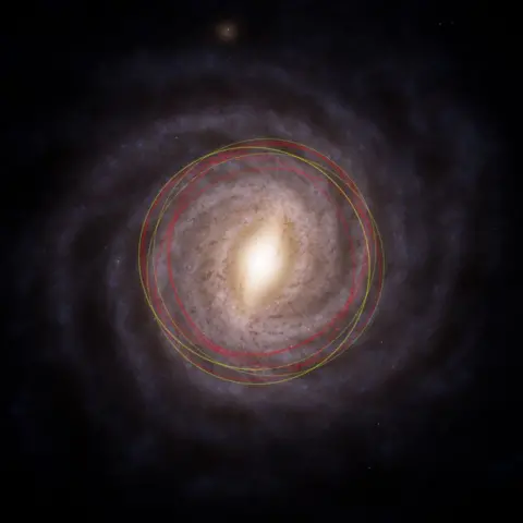 Matthew Hopkins An artists's impression of the swirling white galaxy from above with concentric circles in yellow showing the sun's orbit and red showing the comet's orbit.