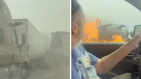 A composite image showing vehicles in a dust storm and flames on the road seen from a car