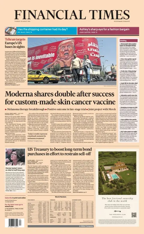 The headline on the front page of the Financial Times reads: "Moderna shares double after success for custom-made skin cancer vaccine."