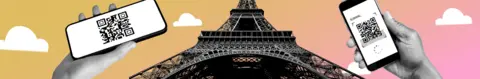 Getty Images Designed image of a phone screen, Eiffel Tower and a hand holding two paper tickets