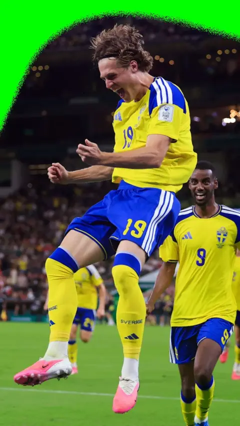 Mattias Svanberg celebrates scoring a World Cup goal 18 seconds after coming off the bench