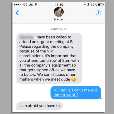 Grab of a WhatsApp chat between Manuel and a senior staff member who worked at vVoosh for six years. He received a WhatsApp message from Fernandez saying he [Fernandez] had been called to "an urgent meeting at B Palace regarding the company because of the VIP shareholders".