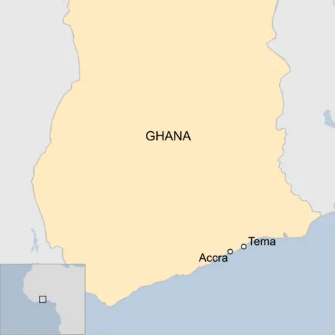 A map of Ghana showing the capital, Accra, and the nearby city of Tema