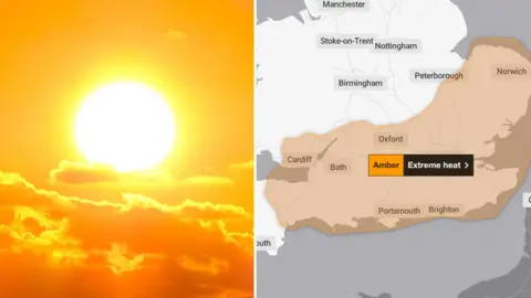 A composite image showing two pictures. On the left, is a picture of a golden yellow sun in the sky above clouds. On the right, is a map showing an amber warning covering most of the UK and parts of south Wales.  