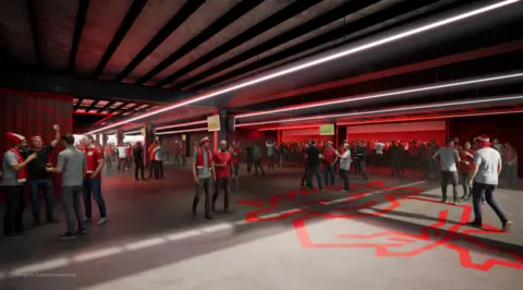 Lincoln City FC An artist's impression showing the interior of the new fan village, which includes a large bar area. There are supporters wearing Lincoln City shirts and hats.