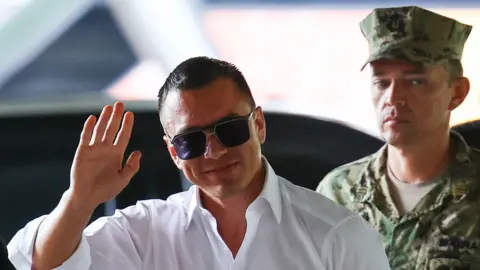 Reuters Ecuador's President and presidential candidate for reelection Daniel Noboa, gestures during the presidential election