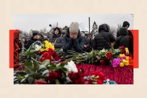 Getty Images Flowers are laid as people take part in a funeral in Ukraine 