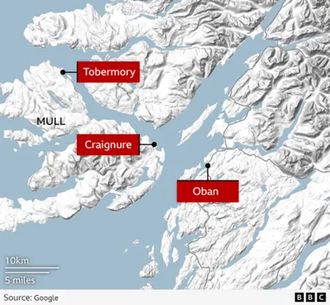 A map of the west of Scotland with three location points - two on the isle of Mull, showing the location of Tobermory in the north and Craignure in the south of the island. It also shows the location of Oban on the mainland.