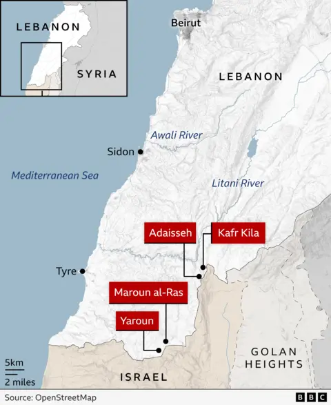 A map showing southern Lebanon, showing Adaisseh, Kafr Kila, Yaroun and Maroun al-Ras, two Lebanese villages near the border with Israel, and showing the Litani River just north of Tire and the Awali River just north of Sidon . 