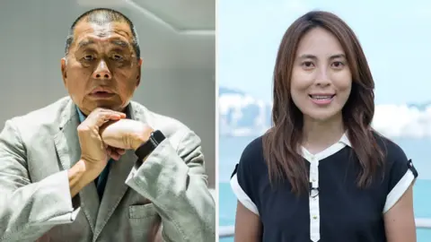 Split screen of Jimmy Lai and BBC correspondent Pheobe Kong