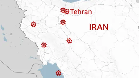 BBC Map showing location of strikes across Iran