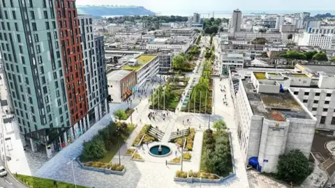 Plymouth City Council An aerial view of the regeneration project at Armada Way. Trees line the granite paving. Buildings surround the area.