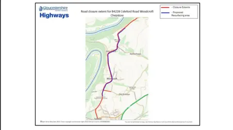 OS Maps/Gloucestershire Highways A map with Woodcroft in the centre. The two roads on either side of it are highlighted, one is blue and one is red, with the colours overlapping at points. The red key reads 'closure extents' while the blue key is for the 'proposed resurfacing area'. 
