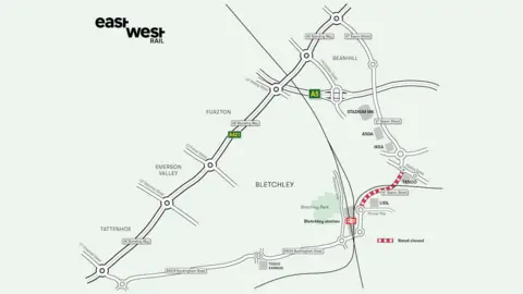East West Rail A map showing a diversion route in a part of Bletchley.
