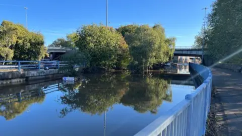 An image of a river, with a bridge in the background. 