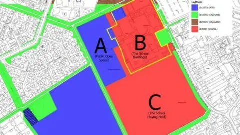 Peterborough City Council A map of where the Ken Stimpson Academy is, the school playing fields and what is open space. The open space is marked in blue and Area B and Area C is marked in red.