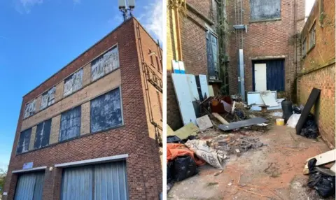 City of Wolverhampton Council A composite image showing the front of a dilapidated brick building with boarded-up windows and corrugated metal doors