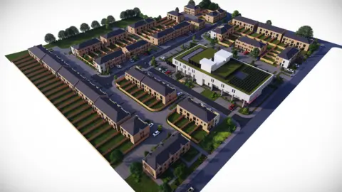 Hamilton Russell An artists impression of housing and a white development in the middle.