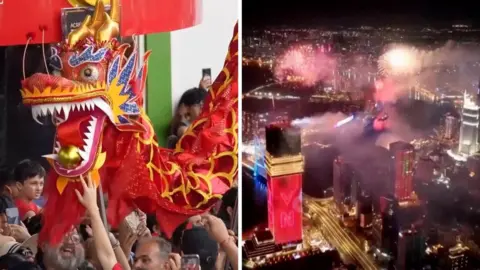 Split screen shows people touching dragon on streets of Buenos Aires on the left and fireworks in Ho Chi Minh on the right