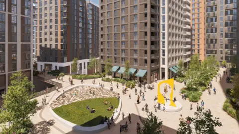 A CGI image of a housing development showing tower blocks centred around a large square with paved and green space, trees, and a yellow archway sculpture. There are people walking through the square.