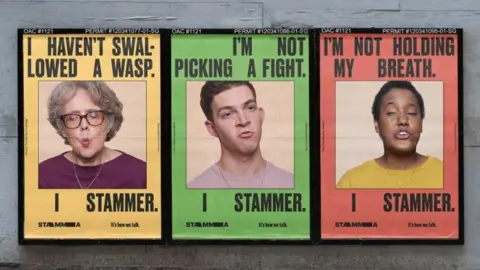 Stamma A poster awareness campaign for stammering from the charity Stamma. The poster shows three portraits; one of an older woman with glasses with the caption 'I haven't swallowed a wasp. I stammer.' A portrait of a young man is captioned 'I'm not picking a fight. I stammer'. And a portrait of a young woman with cropped hair is captioned 'I'm not holding my breath, I stammer'.