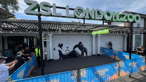 People gather to photograph the mural behind an installed security barrier