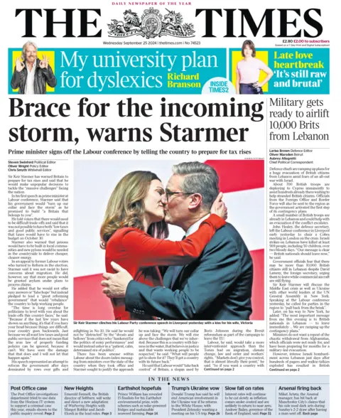 The front page of the Times. The headline reads: 'Brace for the incoming storm, warns Starmer'.