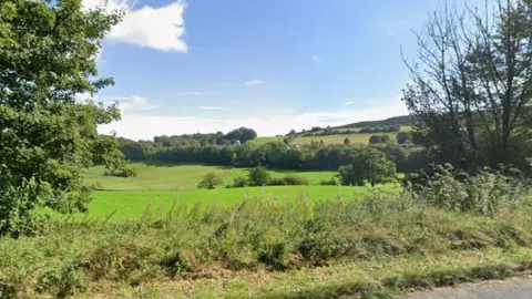 A Google Streetview screenshot of the land earmarked for development by Gleeson Homes in Oxenholme. The area is a green field surrounded by trees.