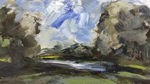 Nat Young A painting of a river valley. The river can be seen in the middle of the artwork surrounded by green fields and trees. 