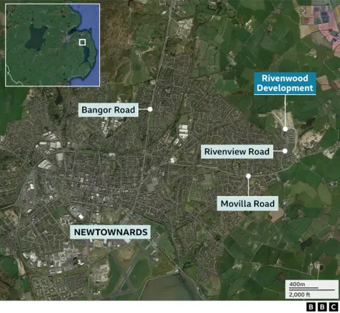 Map of Newtownards showing the location of Rivenwood housing estate