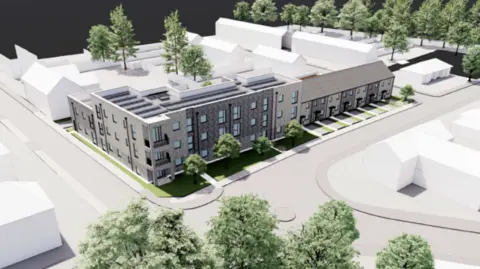 A computer generated image of a new, modern housing development - a combination of a block of flats and terraced houses. There are trees around the development. 