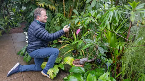 Lloyd Mann/University of Cambridge Prof Sam Brockington holding up a blue mobile phone while "talking" to several green plants. He is kneeling down, with one outstretched arm, wearing a blue coat, blue trousers and he has short curly hair. He is smiling. 