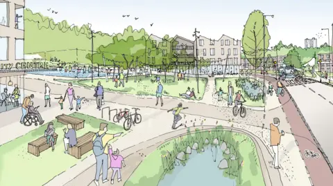 Sheffield Council/HLM Architects An artist's impression shows a cartoon drawing of people sitting and biking around open public space with trees, benches and a pond