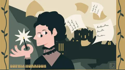 RYAN MORRISON Digital artwork depicts Sophia Morrison, a woman with dark hair. She holds a pen and wears a black top. Peel Castle can be seen in the background as well as papers with writing on them flying through the air.