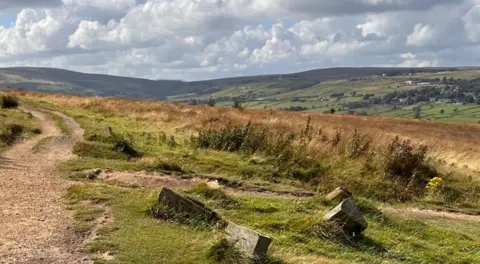 A path in a country park surrounded by rolling hills in the distance