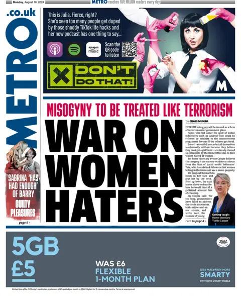 The main headline on the front page of Metro reads: 