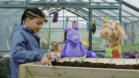 The Natasha Allergy Research Foundation A child in a blue raincoat stands in a greenhouse with puppets, Arlo the Armadillo, which is a purple character, and Harold the Giraffe, while they look at seedlings growing in a trough.