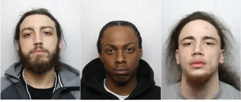 Thames Valley Police A composite of three custody images of three men. On the left is Joshua Martin, a man wearing a grey hoodie and black T-shirt and is wearing a necklace. He has dark hair and facial hair and is looking directly at the camera. In the middle is Regan Shand who is looking directly at the camera and is wearing a white T-shirt and black hoodie. On the right is Samuel Martin who is wearing a grey T-shirt and has long brunette hair. He is looking directly at the camera.