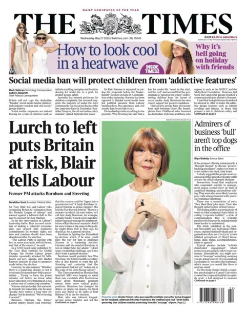"Lurch to left puts Britain at risk, Blair tells Labour" reads the headline on the front page of the Times.
