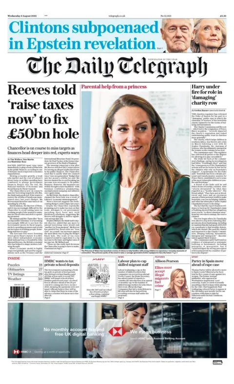 The headline on the front page of the Telegraph reads: “Reeves told 'raise taxes now' to fix £50bn hole”