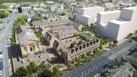 Bradford Council Depicted in CGI from a birds-eye view, a series of townhouses and other buildings sit alongside a major road.