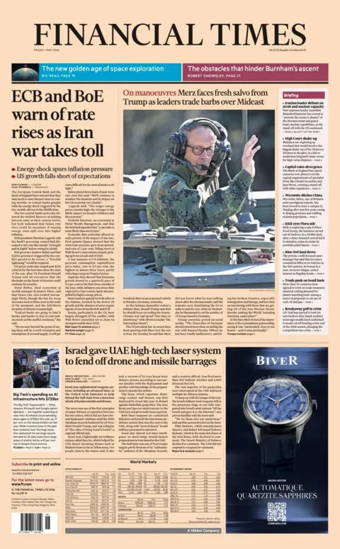 The headline on the front page of the Financial Times reads: “ECB and BoE warn of rate rises as Iran war takes toll”.