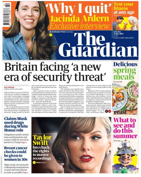 The front page of the Guardian includes a picture of Taylor Swift and includes a headline about her buying back her master recordings. There is a headline above that reads: Britain facing a 'new era of security threat'. 
