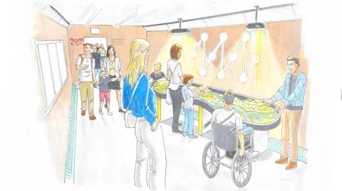 Network Rail Artist impression of Inspiration carriage Wonderlab on Wheels showing people in a railway carriage with interactive displays