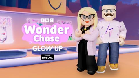 Val Garland and Dominic Skinner as non-playable characters on Roblox in the BBC Wonder Chase experience